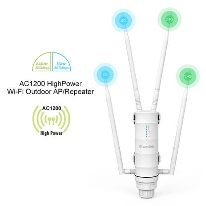 WAVLINK AC300/600/1200 Wireless Outdoor WIFI Router High Power Extender POE Waterproof AP/Repeater 7/8 dBi Directional Antennas.