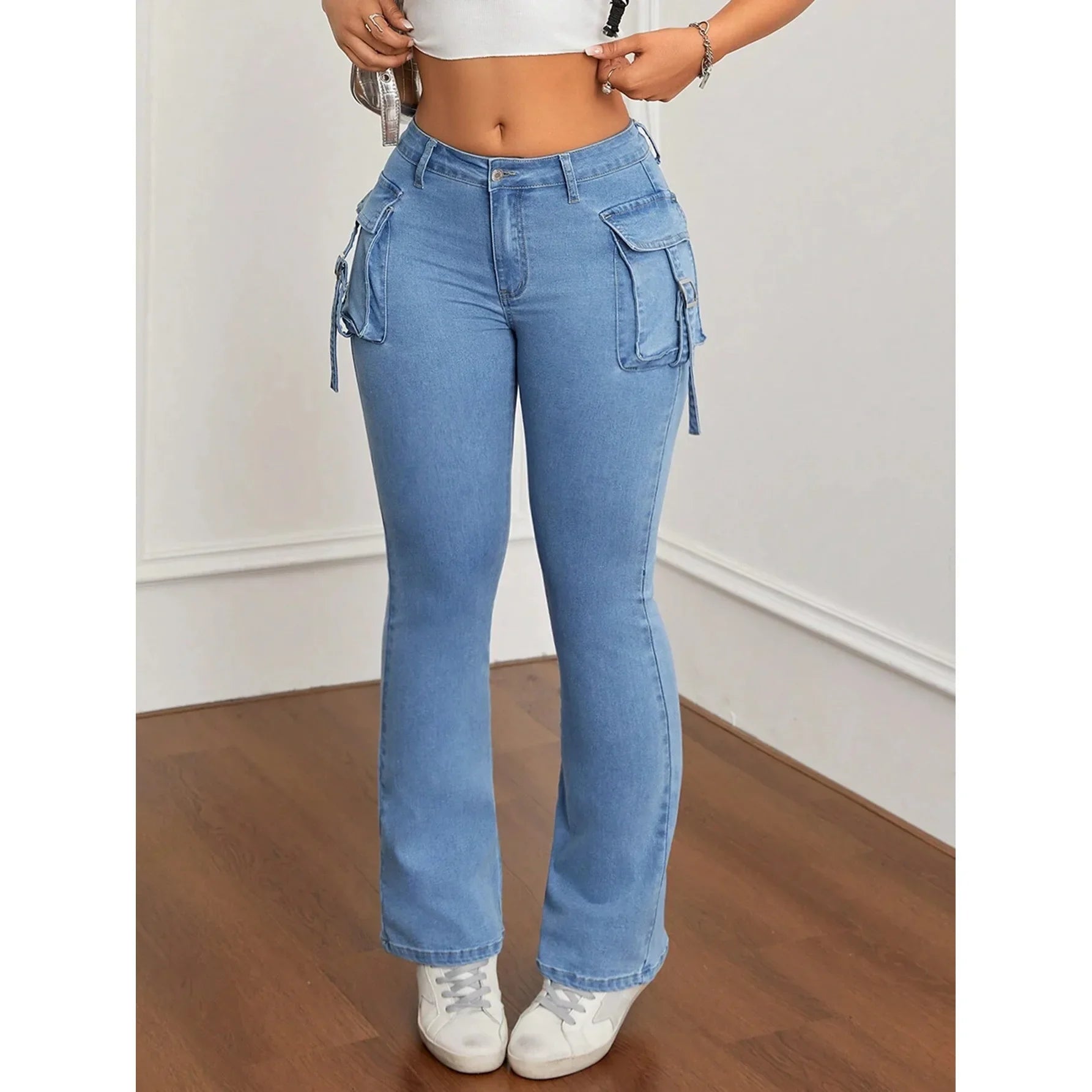 High Waist Bell Bottom Jeans Women's Slim Fit Workwear Denim Pants High Elasticity Cross-Border Long Trousers.