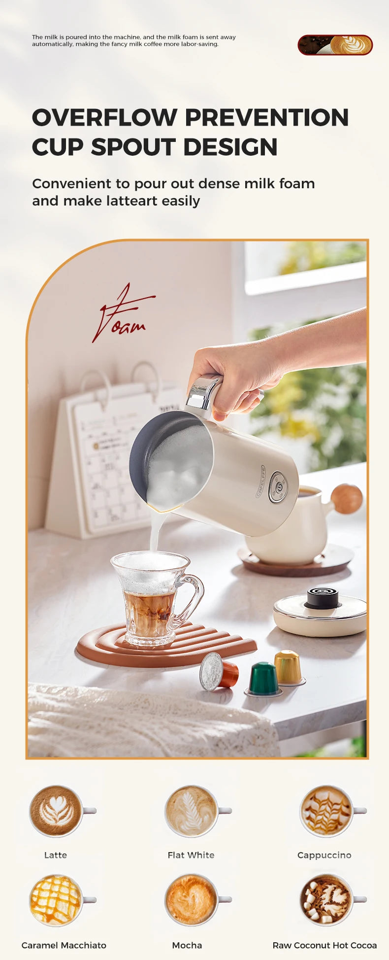 Cafelffe 4in1 Electric Milk Frother Frothing Foamer Chocolate Mixer Cold/Hot Latte Cappuccino Automatic foam milk heater Warmer.