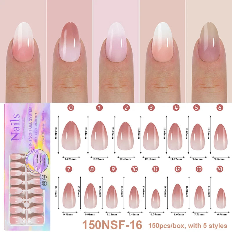 150Pcs/Box Acrylic Press on Nails Full Cover Fake False Tips Soft Gel Extension T-shaped Oval Capsule Almond Sculpted Salon DIY