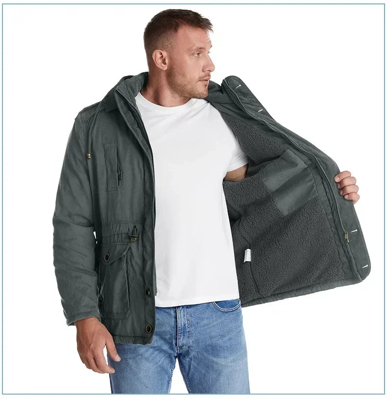 Men's Jacket WINTER USA SIZE Large SIZE Lamb Fleece JACKETS Hooded Cotton Thickened Multi Pocket Casual Mid length Coat