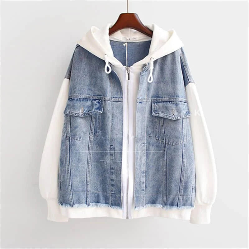 Fake Two-piece Denim Hoodies Coat Women Spring Autumn Trend Cardigan Hoodie Casual Loose Hooded Baseball Jacket Streetwear Woman.