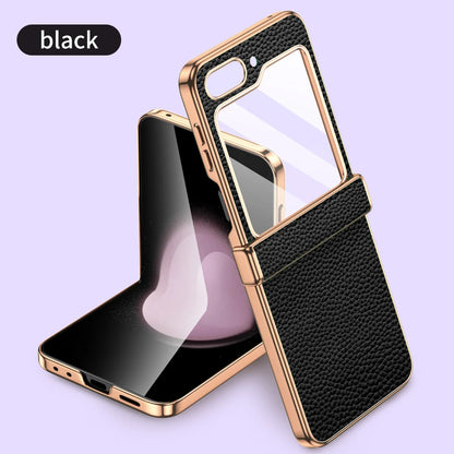 Cowhide Leather Phone Case for Samsung Galaxy Z Flip7 Flip6 Flip5 Flip 7 6 5 Luxury Hinge Protection Cover with Tempered Glass