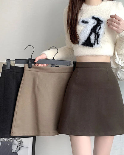 Autumn Winter Womens Woolen Skirt 2024 New Korean Style High Waist Bodycon Mini Skirts Ladies College Style Zipper A-Line Skirt.