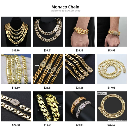 6/8/10/12/15/20mm Monaco Cuban Chain Necklace Hip Hop 14k Gold Plating Cuban Chain Bracelet Hip Hop Jewelry.