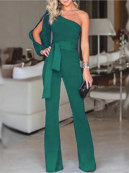Temperament Solid Color Slim Jumpsuits Women Sexy Off Shoulder Slant Collar High Waist Leace-up Bodycon Jumpsuit Streetwear 2024.