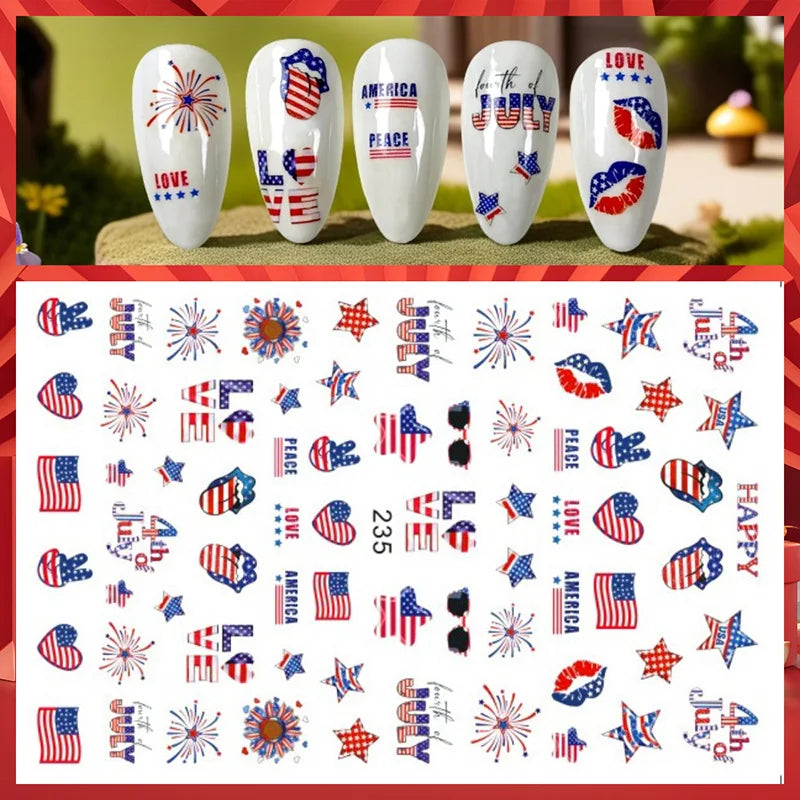 8Pcs/Set 3D USA Independence Day Nail Stickers America Flags Design Self-Adhesive Nail Art Decals DIY Manicure Decor Sliders &#.