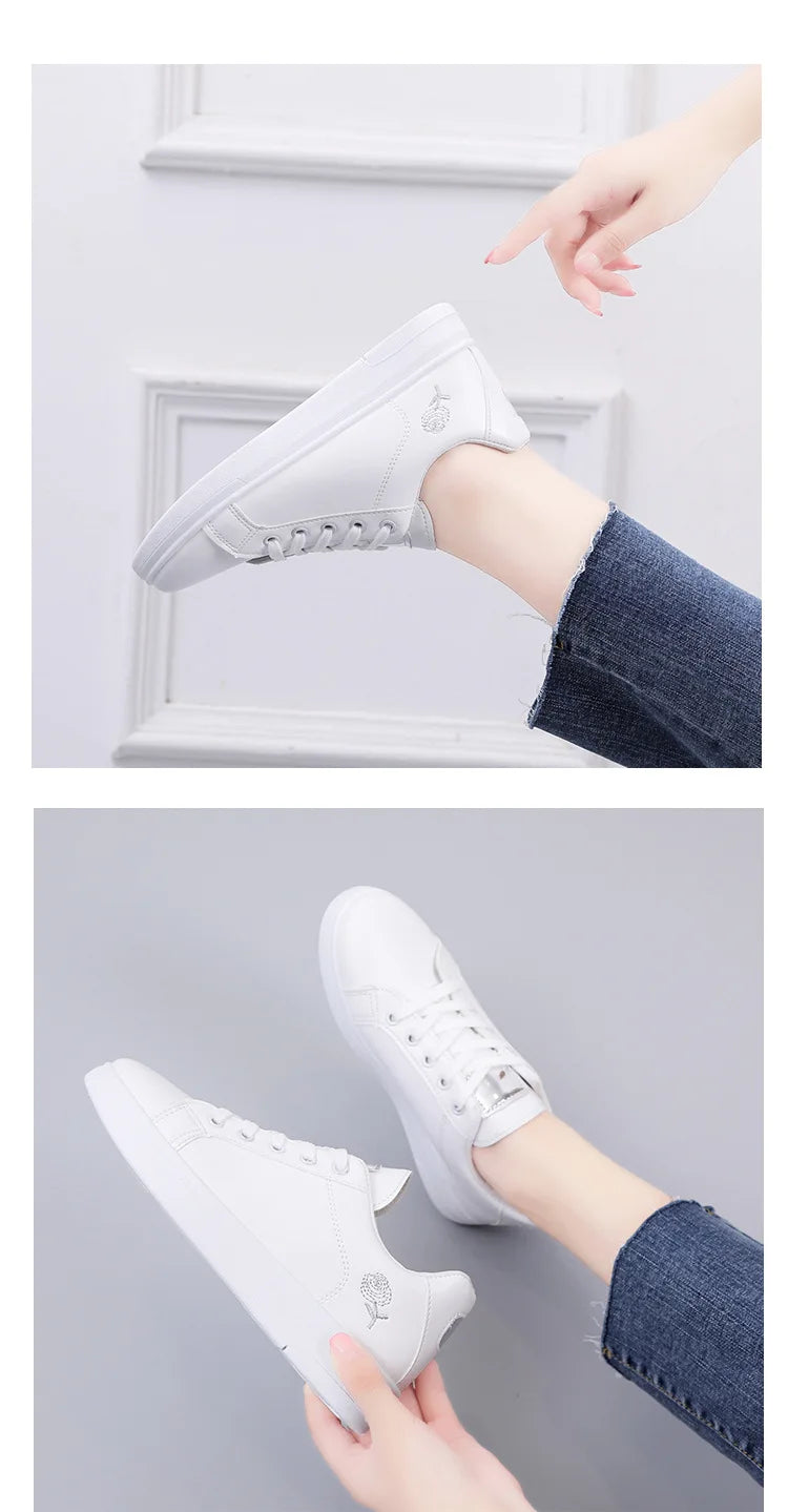 Spring Women Casual Shoes White Breathable Embroidered Flower Lace-Up Women Sneakers Fashion Korean version Women Tennis shoes.