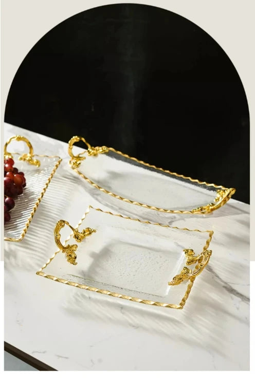 Gold-rimmed Glass Plates, Luxury Fruit Plates, Snacks, Cakes, Snacks, Bread Tray, Binaural Glass Plates, Rectangular Trays.