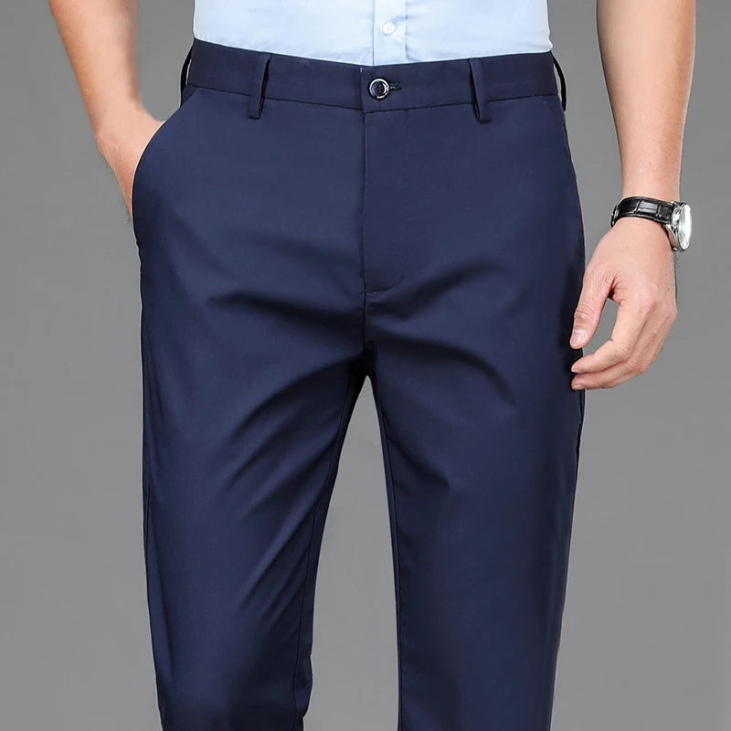 Male Smart Casual Pants Stretchy Sports Men's Fast Dry Trousers Spring Autumn Full Length Straight Office Black Navy Work Pants.