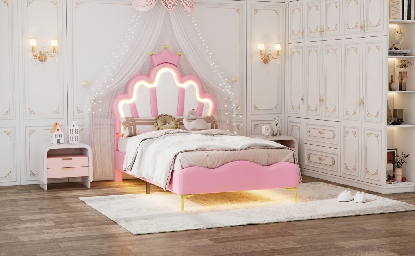 Rosahqnda Kinderbett Mädchen Einzelbett Doppelbett Kinderbett Prinzessin Kronenform Bett Verstellbares Kopfteil