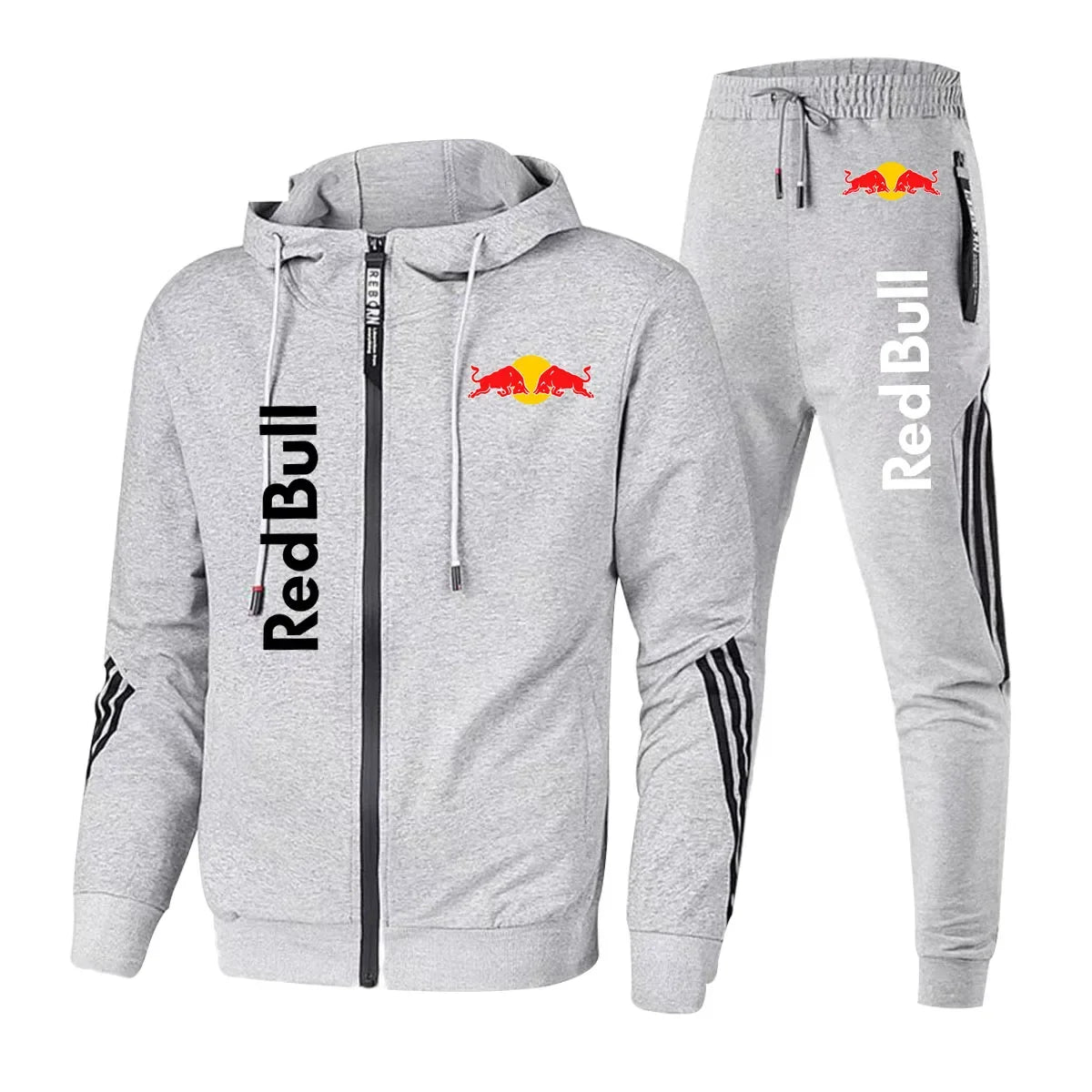 2025 Red Bull Logo Men's Hoodie Set Two-piece New Red Bull Brand Logo Printed Zipper Jacket Solid Color Simple Cycling Suit.