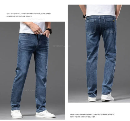 Spring Summer Thin Men's Classic Jeans Elastic Loose Straight Cotton Casual Denim Trousers Brand Clothing Business Male Pants.