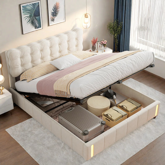 Rosahqnda Kissen Bett Kissen Bett mit Stimmungslicht, gepolstertes Bettgestell in Samtbeige, Kinderbett, ohne Matratze