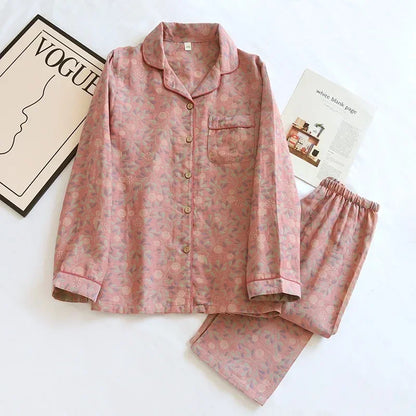 100% Cotton Crepe Homeclothes 2023 Autumn/Winter Women's Pajamas Suit Long-Sleeved Trousers 2-piece Yarn-Dyed Jacquard Pajamas