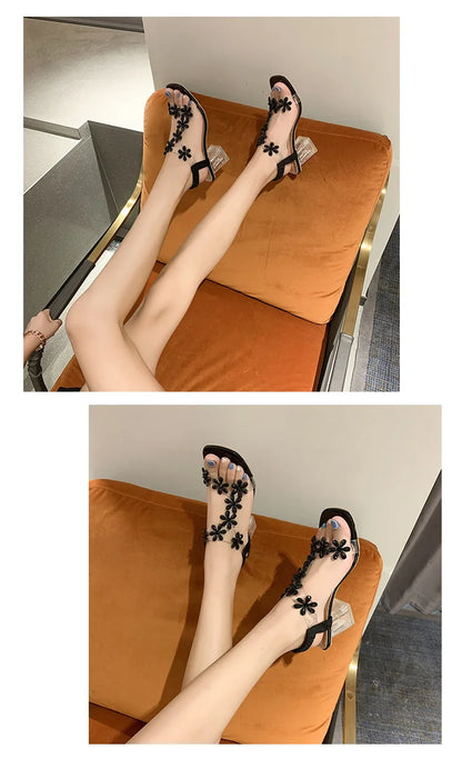 Women;s Sandals Pvc Crystal Flower Shoes for Women Decoration Chunky Heel Sandals Ladies Back Strap Fashion Shoes Female2024.