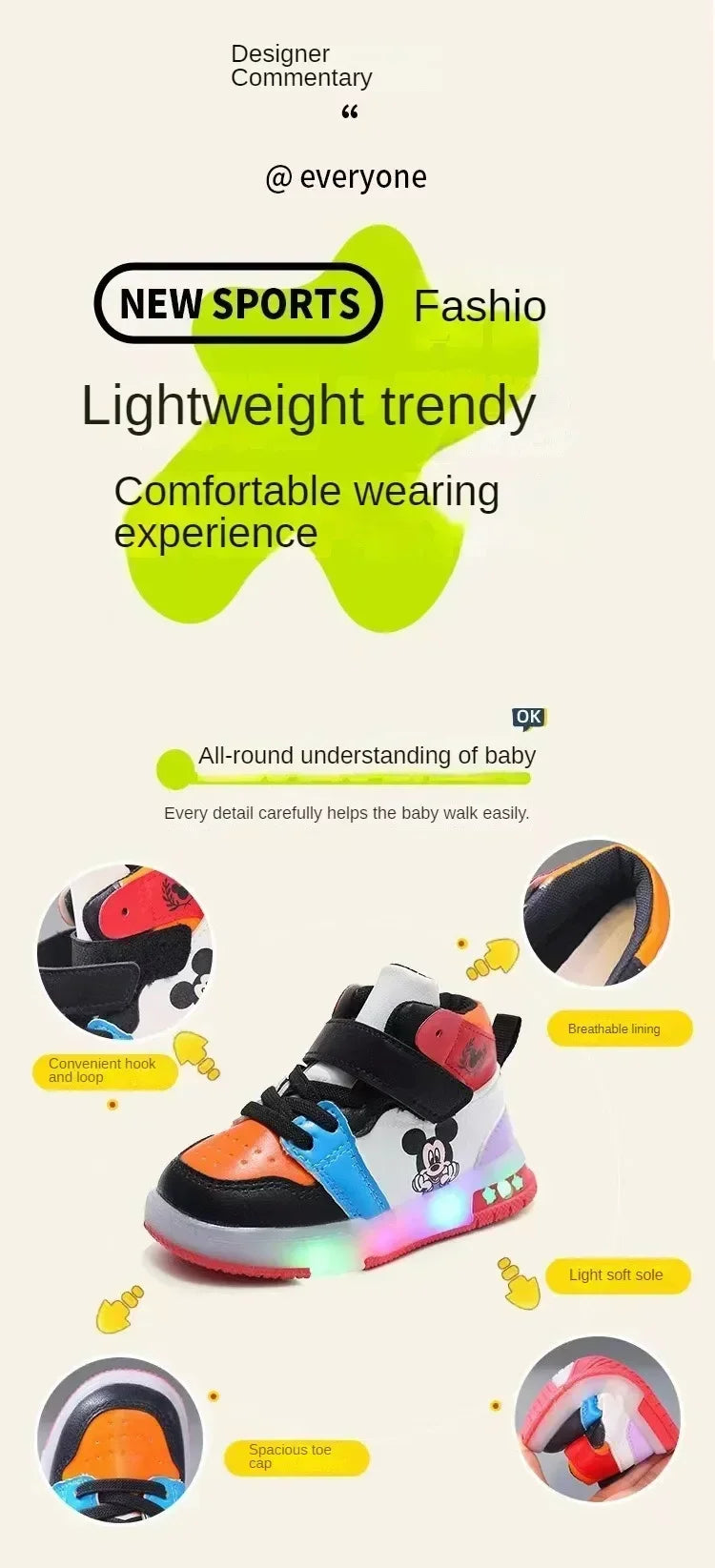 2025 Disney Kids Sneaker Cute Minnie Mickey Cartoon Led Lighted Shoes for Boys Girls Luminous Shoes Toddler Flash Lights.