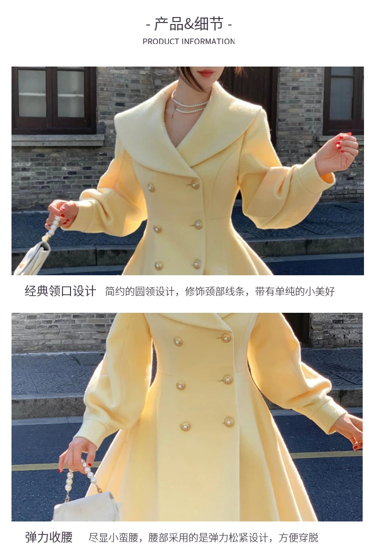 Mode frauen Lange Mäntel Winter Neue Oberbekleidung Revers Zweireiher Laterne Hülse Solide Vintage Chic Woolen Mäntel.