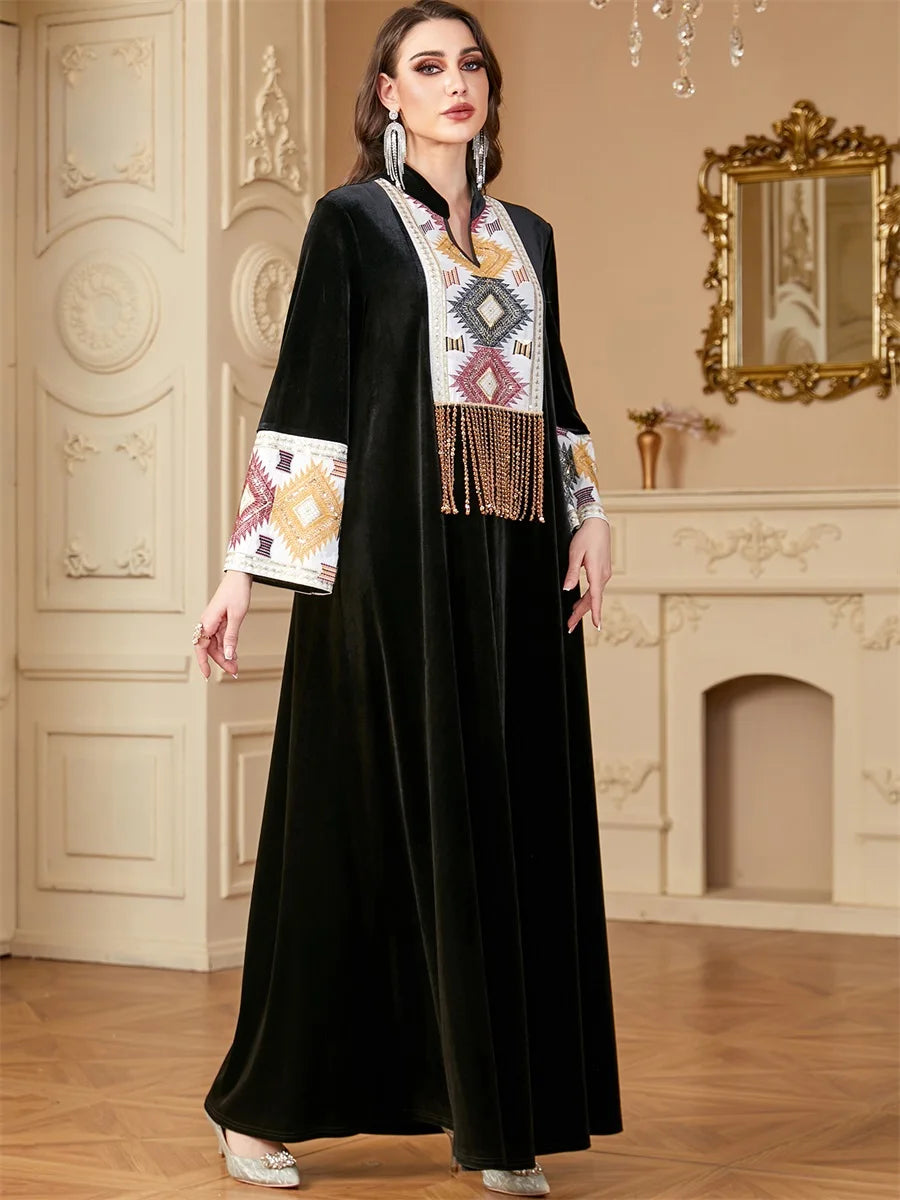 Siskakia Ramadan Muslim Notched Stand Collar Tassel Long Dresses For Women  Loose Elegant Kebaya Patchwork Sleeve Abayas.