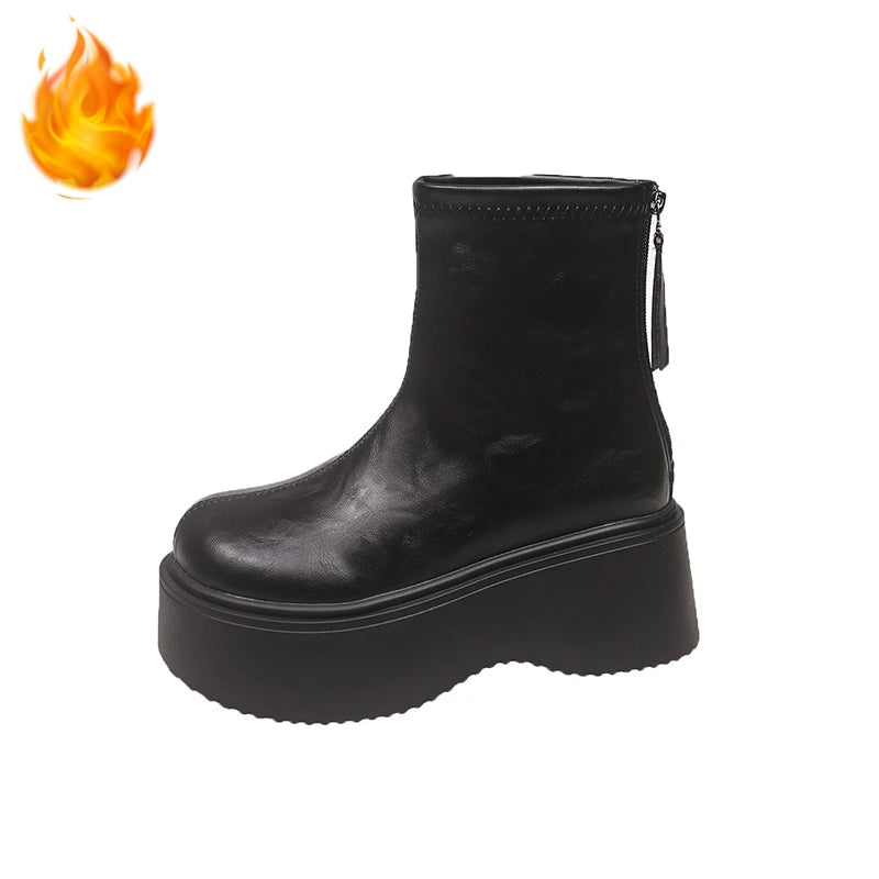 Autumn Winter Chunky Heel Women Short Boots Vintage Round Toe Platform Shoes Ladies Short Plush Gothic Ankle Booties