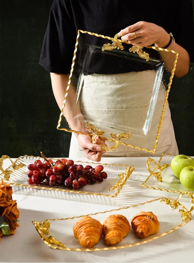 Gold-rimmed Glass Plates, Luxury Fruit Plates, Snacks, Cakes, Snacks, Bread Tray, Binaural Glass Plates, Rectangular Trays.