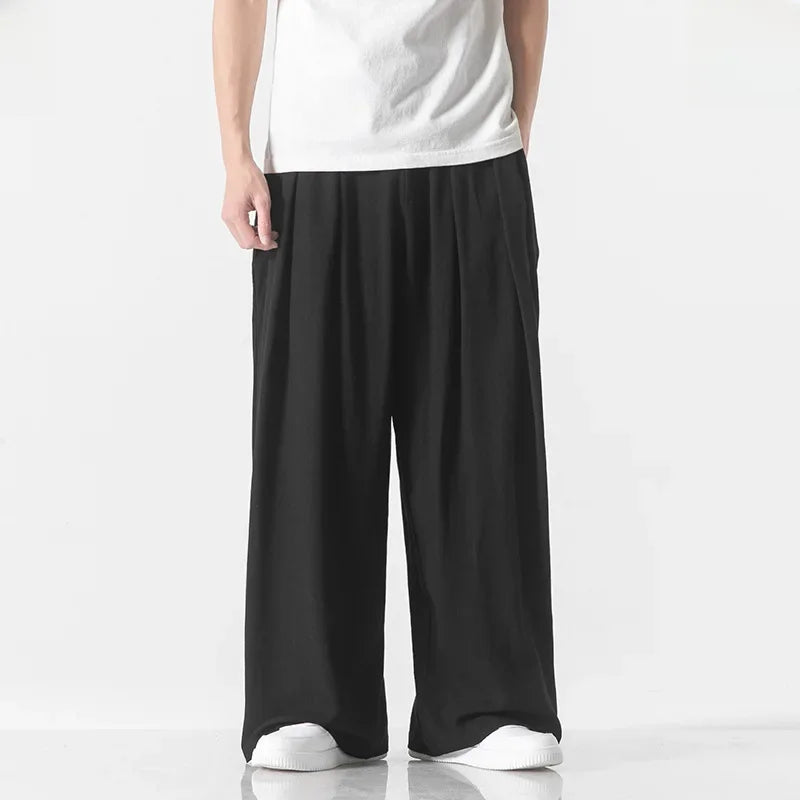 Hanfu Spirit Draped Linen Pants For Men Straight-leg Casual Trousers Chinese Style Loose-fit Ancient Wide-leg Song Trousers