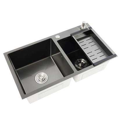 Doppelschüssel-Küchenspüle mit Seifenspender, Abflusskorb, Rohre, Edelstahl 304, 78 x 43 x 22 cm, zusätzliche Aufbewahrung für Restaurants