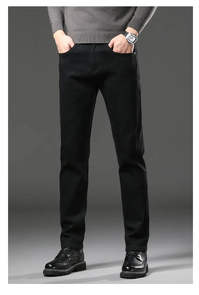 Men's Black Straight Leg Jeans Casual Elastic Business Pants High Waist Slim Fit Long Trousers New 2025 Gray Color.