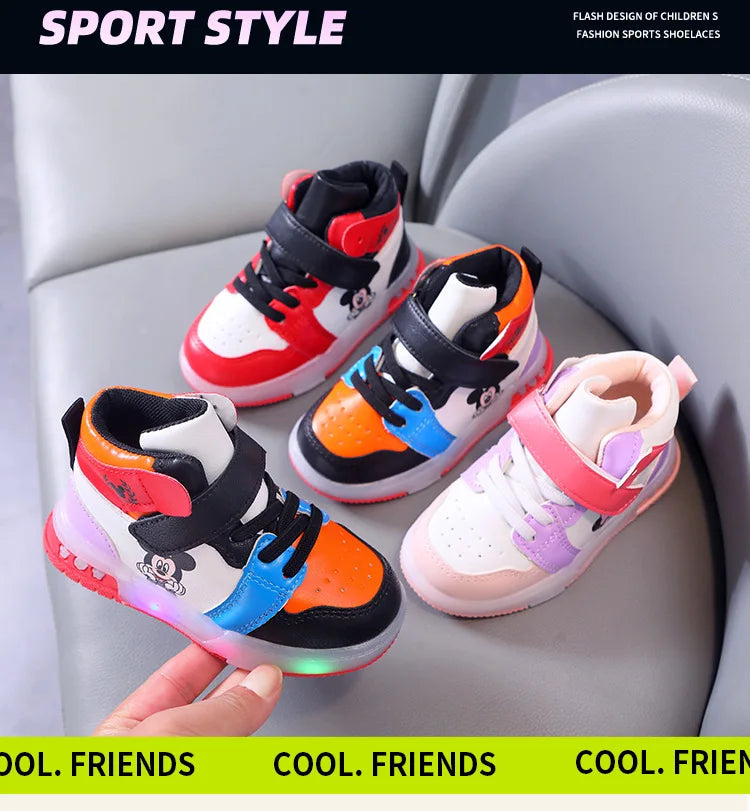 Disney Girls' Causla Shoes PU Leather Mickey Mouse LED Luminescent Children's Sneaker 1-6 Year Old Boys' Sports Casual Shoes.