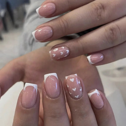 24Pcs Nude Color Fake Nails Short Square Head Press on Nails White Heart Printed Valentine's Day Full Cover False Nails Tips.