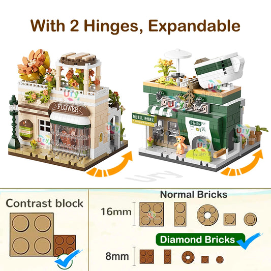Friends House Street Diamond Bricks Girls Flower Store Coffee Shop View Designer DIY Building Block Toys for Kids Christmas Gift.