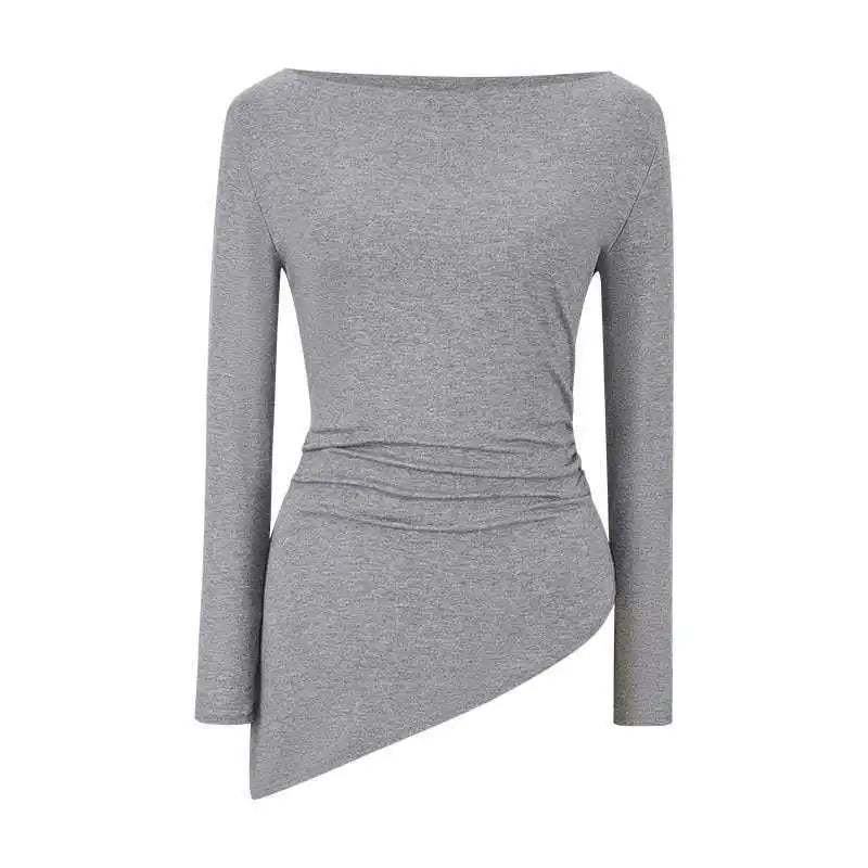 Sexy Long Sleeve T-Shirt Shoulder Bared Waist Cinched Slim Fit Knitted Cotton Solid Color Casual Urban Style for Early Autumn