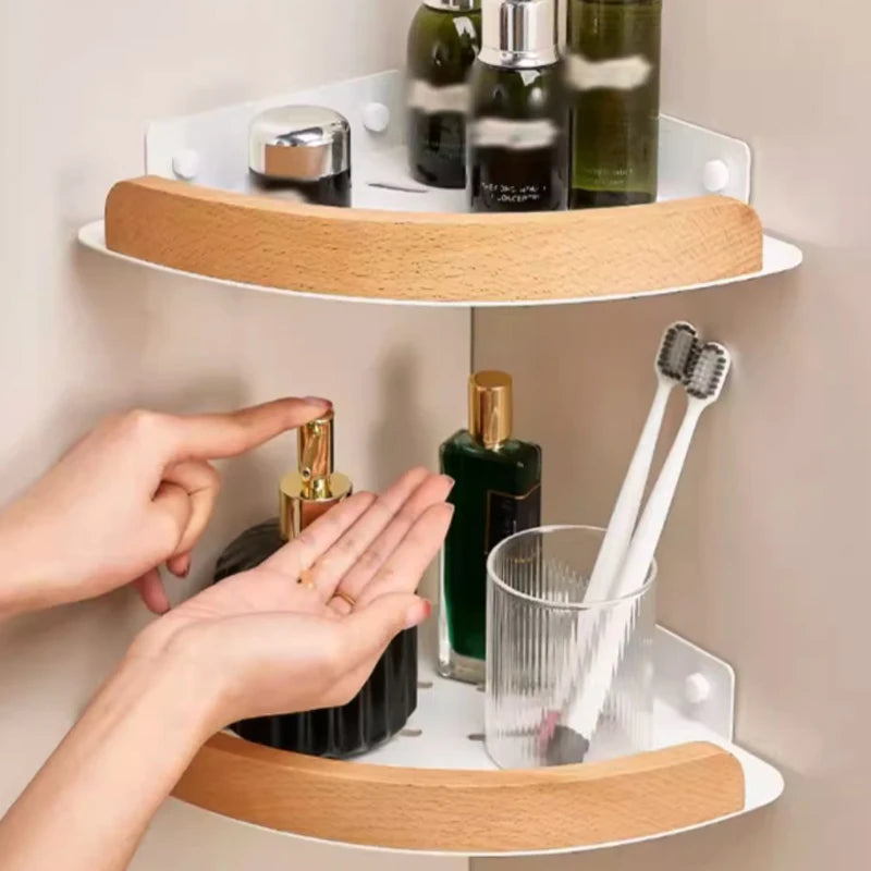 Badezimmer-Aufbewahrungsregal aus Holz und Aluminium, Aufbewahrungsregal für Badezimmer, perforationsfrei, Wandbehang, Waschtisch, WC, dreieckiges Eckregal
