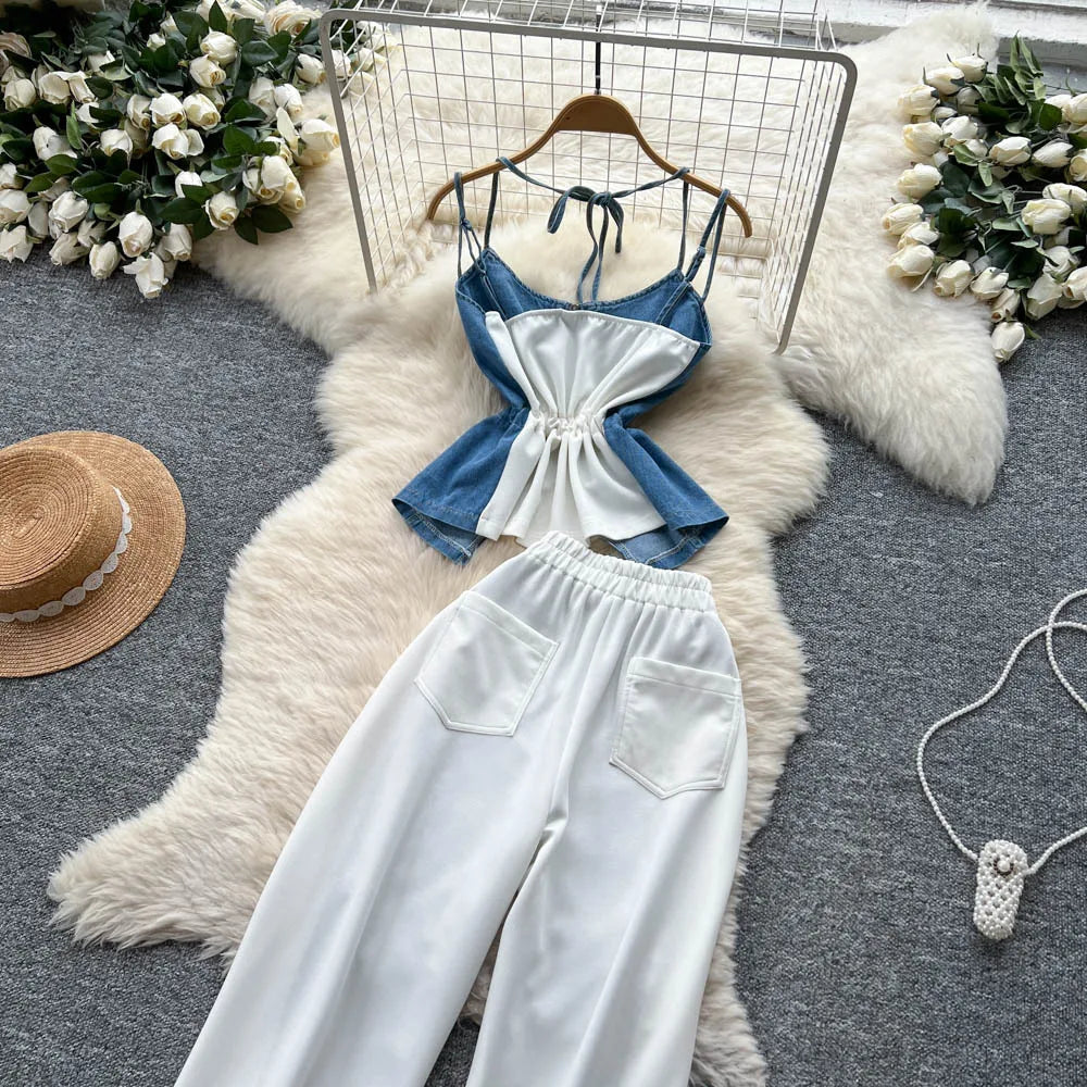 Denim Two Piece Sets Women Jeans Suit Lace Y2k Top Wide Leg Pants Zipper Lace Up Patchwork Trousers Outfits Ensemble Summer 2025.