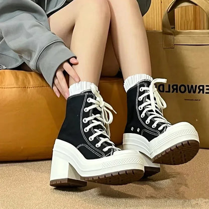Women Platform Sneakers Luxury Brand  Women Boots Fashion Outdoor Skateboard Shoes Women High Top Canvas Sneaker Plus Size 36-42.