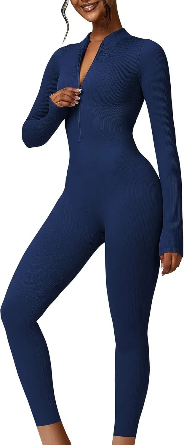 Seamless Long Sleeve Yoga Suit Waist-Fitted Shaping Trousers Casual Sports One-Piece Zippered Fitness Wear.