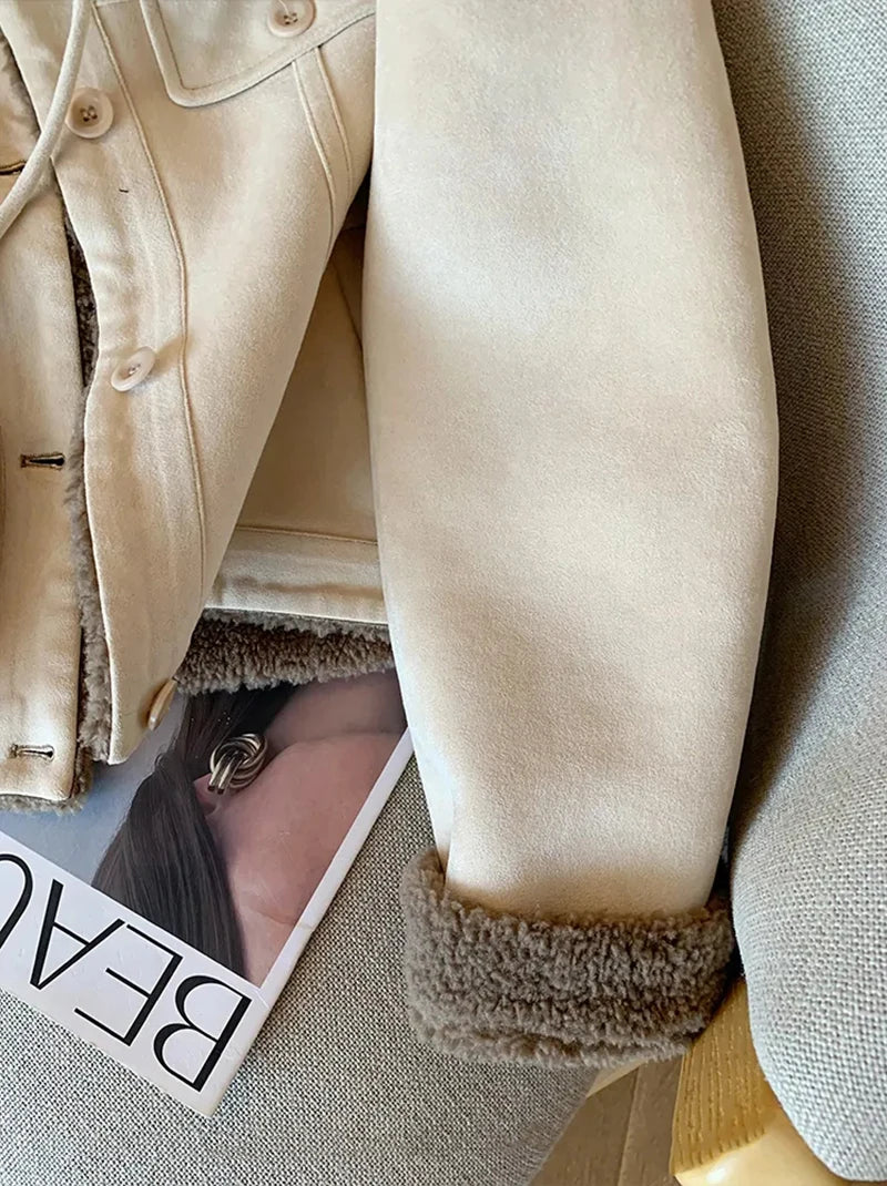 Wildleder Samt Lamm Jacke Frauen Herbst Winter Dicke Warme Turndown Kragen Mantel Y2K Lose Streetwear Alle Spiel Langarm Outwear.