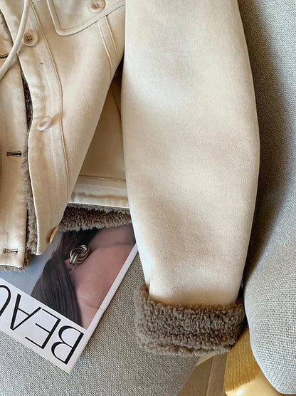 Wildleder Samt Lamm Jacke Frauen Herbst Winter Dicke Warme Turndown Kragen Mantel Y2K Lose Streetwear Alle Spiel Langarm Outwear.