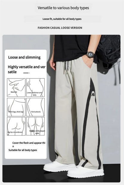 2025 Summer Ice Silk Casual Pants Boys Casual Peplum Pants Handsome Straight Colorblocking Sports Pants.