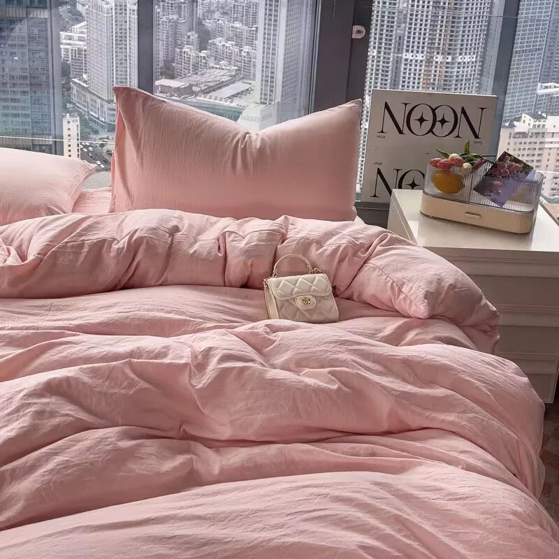 Washed Cotton Bedding Set,Bed Sheet Set, Linen Feel, Super Soft, Comfortable, 4-Piece Duvet Cover Set, Durable and Easy Care.