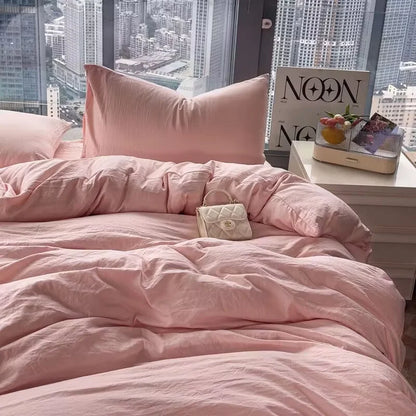 Washed Cotton Bedding Set,Bed Sheet Set, Linen Feel, Super Soft, Comfortable, 4-Piece Duvet Cover Set, Durable and Easy Care.