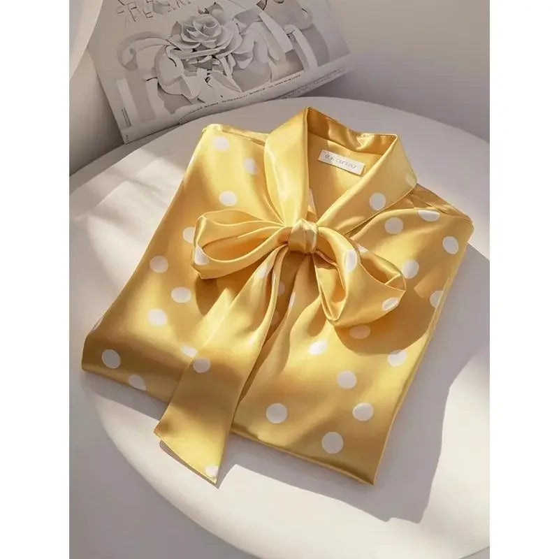 Elegant High Quality Satin Polka Dot Print Shirt Women Office Lady Business Casual Chic Blouse Lace-up Bow Long Sleeve Loose Top.