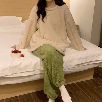 Winter Fleece Women Pajamas Set  Sleepwear Solid Velvet 2 Piece Pant Home Suit Fluffy Casual Warm Flannel Night Wear