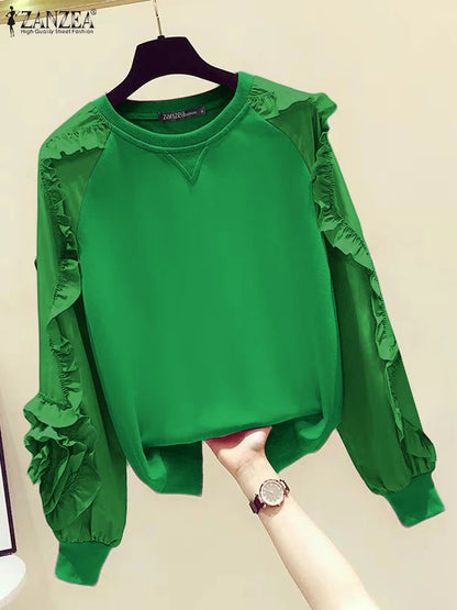 ZANZEA Plus Größe Frauen Solide Sweatshirts Herbst Rüschen Nähte Tops Vintage Oansatz Lässige Mode Lange Puff Sleeve Pullover