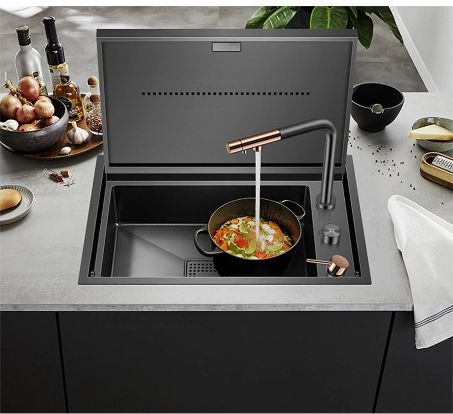 Nanometer Black Hidden kitchen Sink SUS 304 Stainless Steel 4mm Thickness Flip Cover Hidden Handmade kitchen Sinks