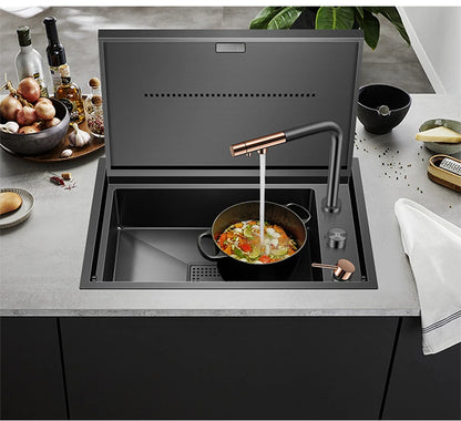 Nanometer Black Hidden kitchen Sink SUS 304 Stainless Steel 4mm Thickness Flip Cover Hidden Handmade kitchen Sinks