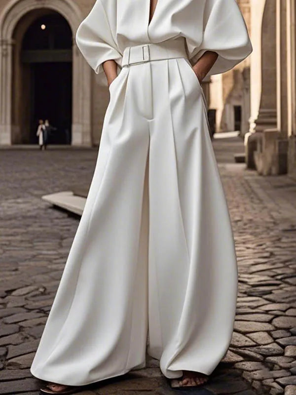 Yeezzi Women's White Wide Leg Jumpsuit With Belt 2025 New Half Sleeves Loose Deep V-Neck Elastic High Waist Elegant Jumpsuits.