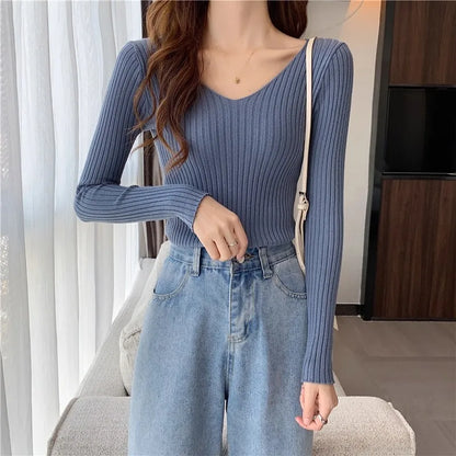 2025 einfarbig Schlank Pullover Koreanische Herbst Winter V-ausschnitt Pullover Mode Lässig Langarm Gestrickte Pullover Frauen Kleidung.