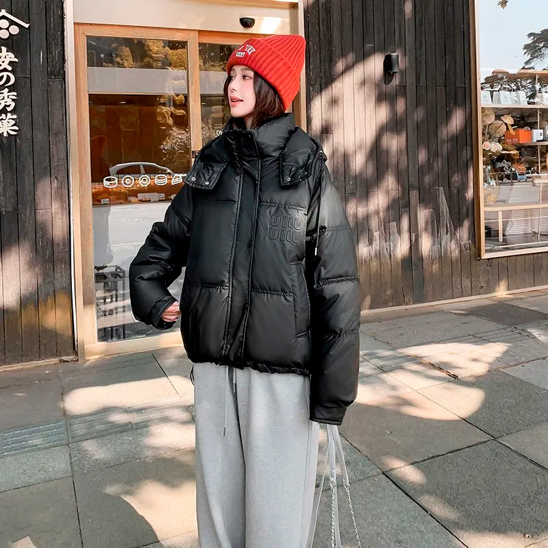 2024 Winter Neue frauen Unten Baumwolle Gefütterte Jacken Stilvolle Mit Kapuze Einfarbig Casual Verdicken Warme Lose anliegende kurze Mäntel