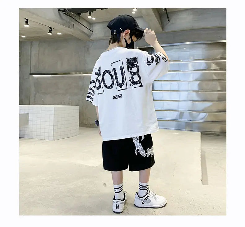 Boys Summer Trendy Casual Sports 2pcs T-shirts+Pants Suits 3-14 Years Teenage Boys Hip Hop Style Fashion Outfits Clothes Sets.